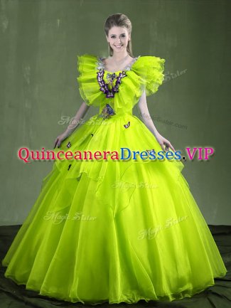 Affordable Yellow Green Sleeveless Appliques and Ruffles Floor Length Ball Gown Prom Dress