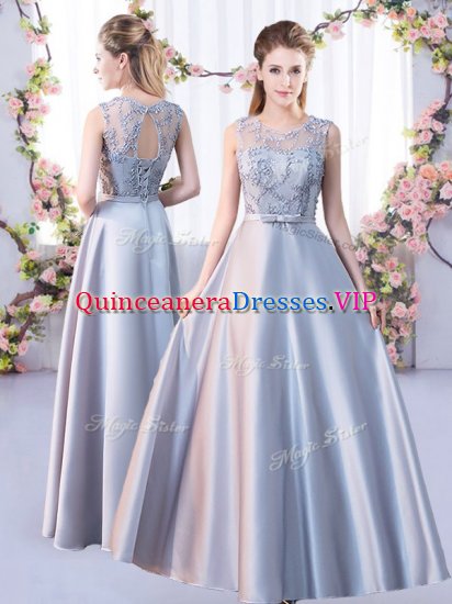 Dazzling Empire Quinceanera Court Dresses Silver Scoop Satin Sleeveless Floor Length Lace Up - Click Image to Close