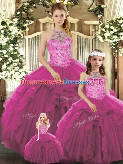 Fuchsia Ball Gowns Tulle Halter Top Sleeveless Beading and Ruffles Floor Length Lace Up Quinceanera Gowns - Click Image to Close