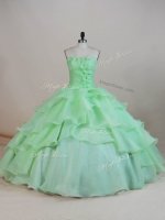 Romantic Apple Green Ball Gowns Organza Sweetheart Sleeveless Ruffled Layers and Ruching and Hand Made Flower Floor Length Lace Up Sweet 16 Dress