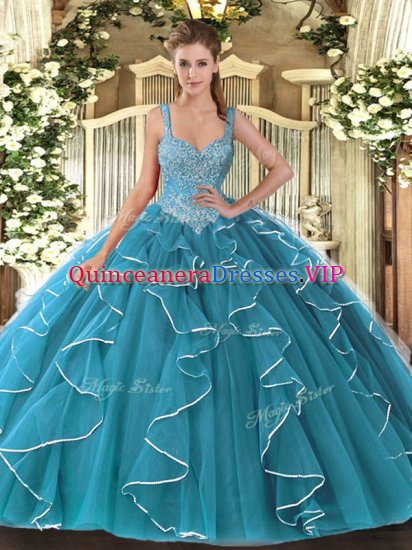 Glittering Tulle V-neck Sleeveless Lace Up Beading Sweet 16 Dress in Teal - Click Image to Close