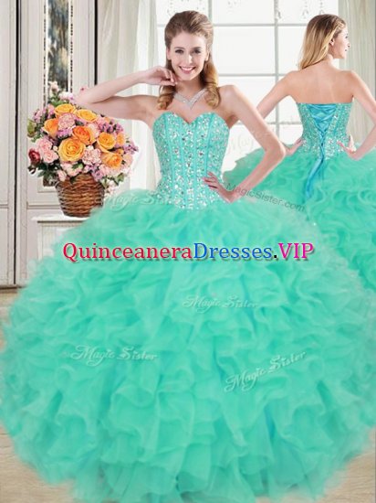 Exquisite Turquoise Sleeveless Organza Lace Up Quinceanera Dresses for Military Ball and Sweet 16 and Quinceanera - Click Image to Close