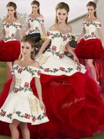 Off The Shoulder Sleeveless Tulle Quinceanera Gown Embroidery and Ruffles Lace Up(SKU SJQDDT2142010BIZ)