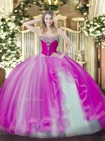 Stunning Sleeveless Tulle Floor Length Lace Up Sweet 16 Dress in Fuchsia with Beading and Ruffles