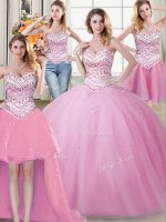 Dynamic Four Piece Rose Pink Sleeveless Beading Floor Length 15 Quinceanera Dress