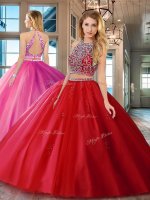 Superior Scoop Sleeveless Floor Length Beading Backless Sweet 16 Dress with Red