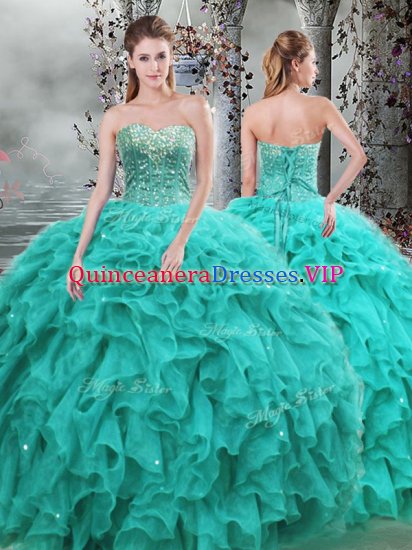 Turquoise Organza Lace Up Sweetheart Sleeveless Floor Length Vestidos de Quinceanera Beading and Ruffles - Click Image to Close