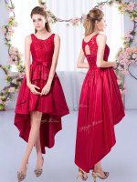 Graceful Scoop Sleeveless Vestidos de Damas High Low Appliques Red Satin