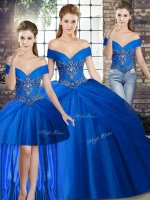 Royal Blue Lace Up Off The Shoulder Beading and Pick Ups Quinceanera Gown Tulle Sleeveless Brush Train