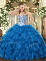 Blue Lace Up Ball Gown Prom Dress Beading and Ruffles Sleeveless Floor Length(SKU SJQDDT970002-3BIZ)