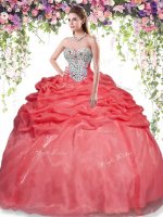 Best Red Sleeveless Beading and Pick Ups Floor Length Quinceanera Dress