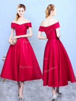 Wine Red Taffeta Lace Up Off The Shoulder Sleeveless Tea Length Vestidos de Damas Appliques