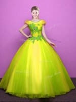 Yellow Green Scoop Neckline Appliques Quinceanera Gowns Short Sleeves Lace Up