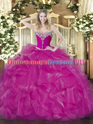 Low Price Fuchsia Lace Up Sweetheart Beading and Ruffles Sweet 16 Dress Organza Sleeveless