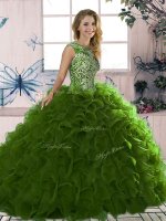 Luxurious Olive Green Quinceanera Gown Military Ball and Sweet 16 and Quinceanera with Beading and Ruffles Scoop Sleeveless Lace Up