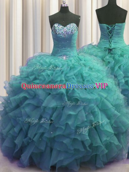 Extravagant Beaded Bust Sweetheart Sleeveless Sweet 16 Dresses Floor Length Beading and Ruffles Turquoise Organza - Click Image to Close