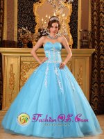 Ciutadella de Menorca Spain Baby Blue and White Appliques Ruching Bodice For Quinceanera Dress With Sweetheart Neckline and Tulle Skirt