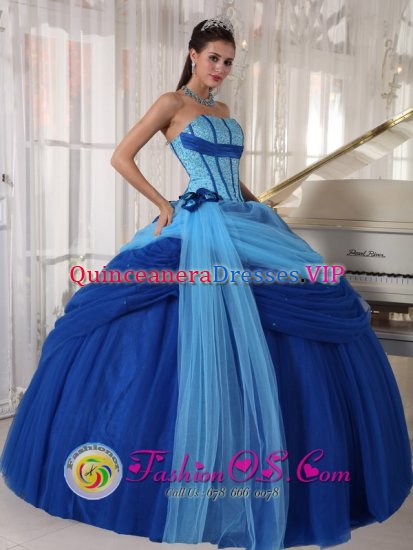 Modest Strapless Blue ruched Quinceanera Dress For In Georgia Tulle Beading Ball Gown - Click Image to Close