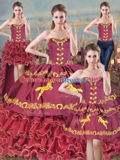 Embroidery and Ruffles Quinceanera Dress Burgundy Lace Up Sleeveless Brush Train - Click Image to Close