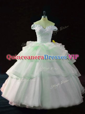 Glamorous Apple Green Sleeveless Beading and Ruffled Layers Lace Up Quinceanera Gown