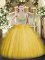 Trendy Gold Sleeveless Floor Length Beading and Ruffles Lace Up Quince Ball Gowns