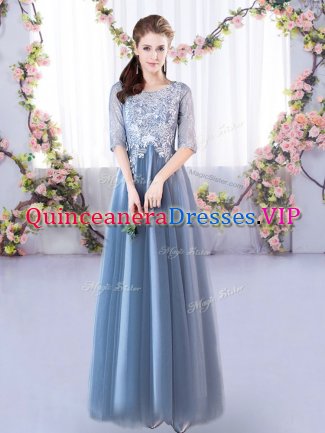 Popular Blue A-line Lace Damas Dress Lace Up Tulle Half Sleeves Floor Length