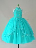 Inexpensive Sleeveless Tulle Floor Length Lace Up Pageant Dress for Womens in Aqua Blue with Beading and Appliques