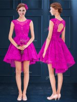 Sweet Fuchsia Sleeveless Satin and Tulle Lace Up Quinceanera Court of Honor Dress for Party and Wedding Party