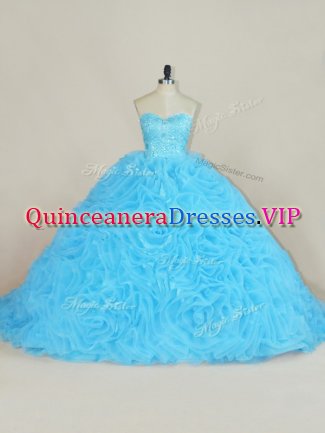 Floor Length Baby Blue Sweet 16 Dress Organza Court Train Sleeveless Beading and Ruffles