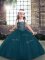 Exquisite Teal Straps Neckline Beading Little Girls Pageant Gowns Long Sleeves Lace Up