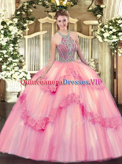 Baby Pink Lace Up Quinceanera Gowns Beading and Appliques Sleeveless Floor Length - Click Image to Close