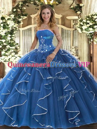 Shining Blue Sleeveless Tulle Lace Up Vestidos de Quinceanera for Military Ball and Sweet 16 and Quinceanera