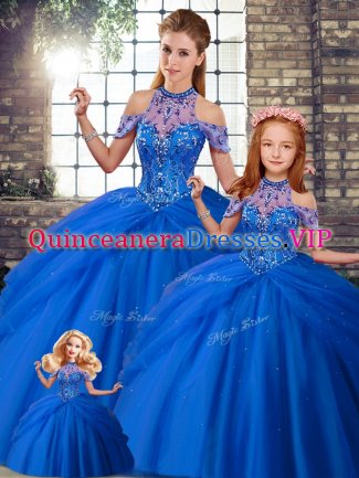 Custom Made Tulle Halter Top Sleeveless Brush Train Lace Up Beading and Pick Ups Vestidos de Quinceanera in Blue