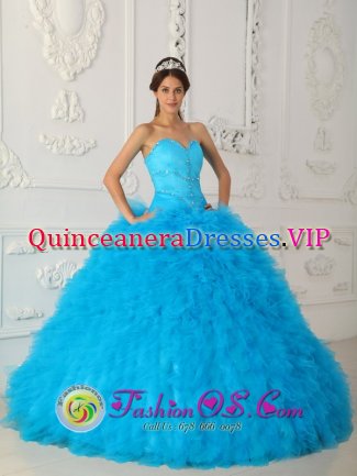 Yazoo City Mississippi/MS Discount Teal Quinceanera Dress Sweetheart Satin and Organza With Beading Small Ruffled Ball Gown