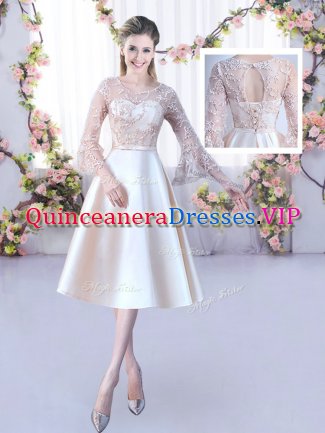 Satin Scoop 3 4 Length Sleeve Lace Up Lace and Belt Court Dresses for Sweet 16 in Champagne