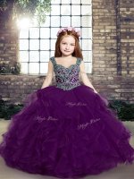 Great Beading and Ruffles Little Girl Pageant Dress Eggplant Purple Lace Up Sleeveless Floor Length(SKU PAG1253-4BIZ)