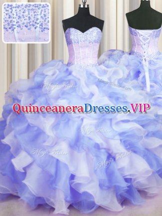 Two Tone Visible Boning Sleeveless Beading and Ruffles Lace Up Quinceanera Gowns