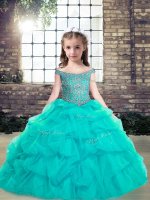 Beading and Ruffles Kids Pageant Dress Aqua Blue Lace Up Sleeveless Floor Length