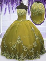 Customized Floor Length Olive Green Quinceanera Dress Tulle Sleeveless Appliques