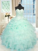 Apple Green Ball Gowns Organza Sweetheart Sleeveless Beading and Ruffles Floor Length Lace Up Sweet 16 Quinceanera Dress