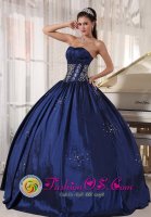 Stratton Mountain Vermont/VT Strapless Embroidery and Beading Modest Navy blue Quinceanera Dress floor length Taffeta Ball Gown