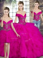 Amazing Fuchsia Quinceanera Dress Military Ball and Sweet 16 and Quinceanera with Beading and Ruffles Off The Shoulder Sleeveless Lace Up