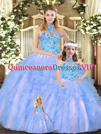 Multi-color Halter Top Lace Up Embroidery and Ruffles Quinceanera Dresses Sleeveless