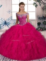 Elegant Hot Pink Off The Shoulder Lace Up Beading and Ruffles 15th Birthday Dress Brush Train Sleeveless