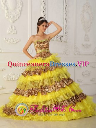 The Most Fabulous Leopard and Organza Ruffles Yellow Quinceanera Dress With Sweetheart Neckline IN Albany NY