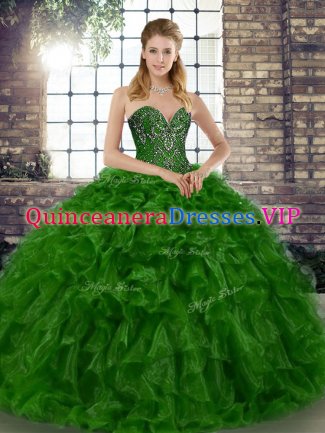 Spectacular Floor Length Lace Up Quince Ball Gowns Green for Military Ball and Sweet 16 and Quinceanera with Beading and Ruffles