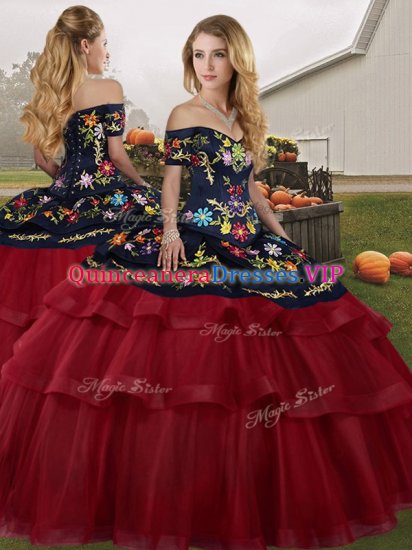 Wine Red Sleeveless Brush Train Embroidery and Ruffled Layers Quinceanera Gown - Click Image to Close