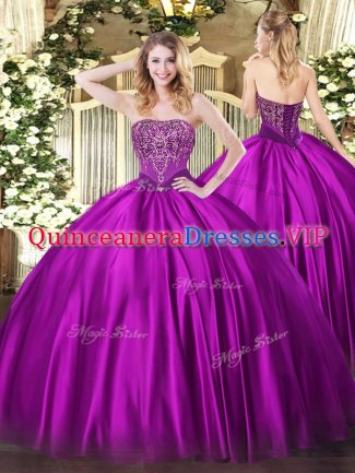 Sleeveless Floor Length Beading Lace Up Ball Gown Prom Dress with Fuchsia