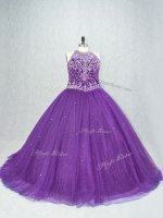 Pretty Sleeveless Tulle Brush Train Lace Up Sweet 16 Dress in Purple with Beading