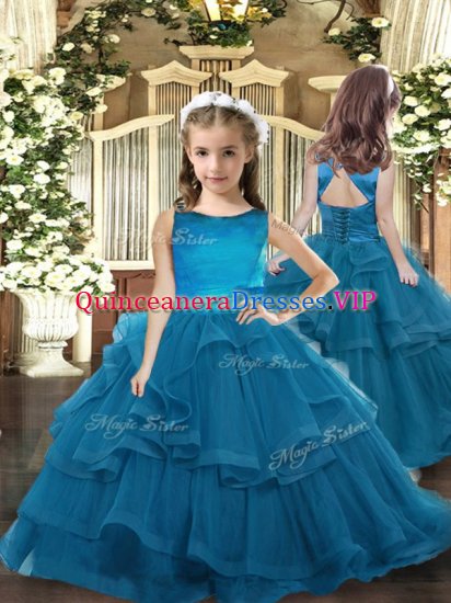 Latest Teal Scoop Lace Up Ruffled Layers Pageant Dress for Girls Sleeveless - Click Image to Close